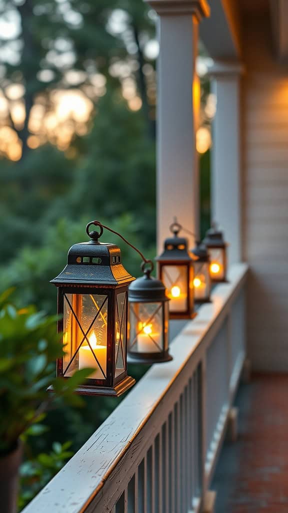 Vintage style lanterns on a porch railing glowing softly in the evening light