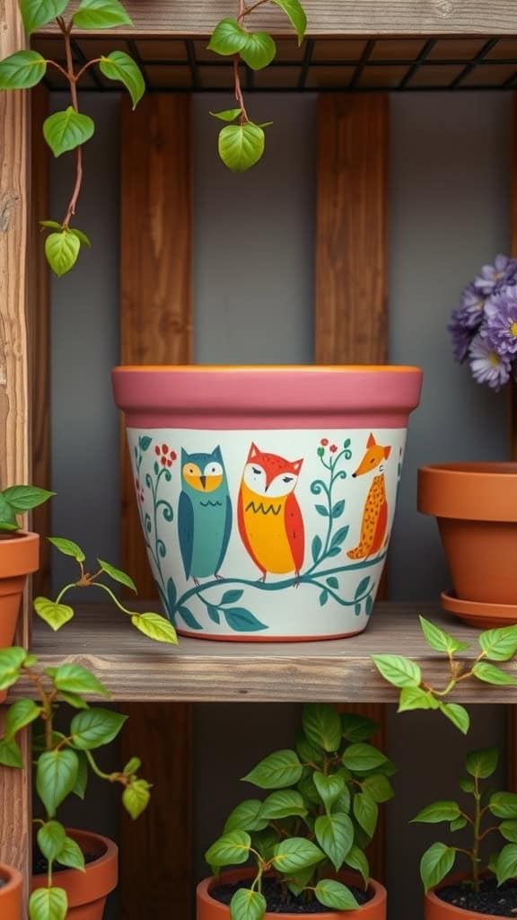 Ceramic plant pot painted with colorful animals and plants, displayed on a wooden shelf among other pots and greenery.