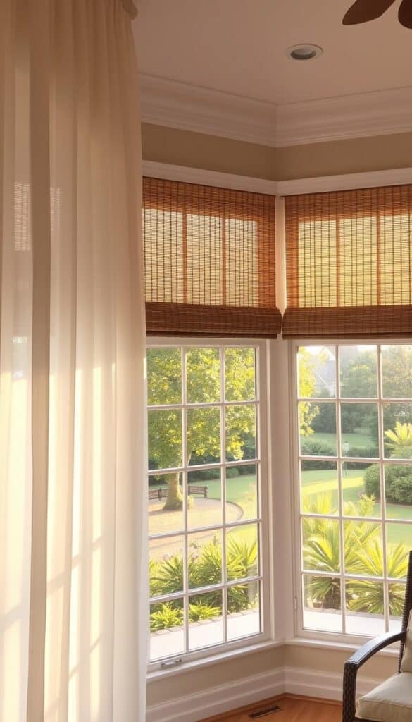 A beautifully-lit sunroom featuring an array of stylish window treatments. In the foreground, sheer voile curtains in a soft, airy ivory cascade elegantly from high ceilings, gently billowing in the warm summer breeze. Transitioning to the middle ground, sleek woven wood shades in a natural honey tone add subtle texture and warmth. Framing the view, large picture windows offer a panoramic vista of a lush, verdant garden outside, illuminated by the golden glow of the afternoon sun. Emanating a serene, tranquil ambiance, this sunroom invites you to pause, relax, and soak in the essence of the summer season.