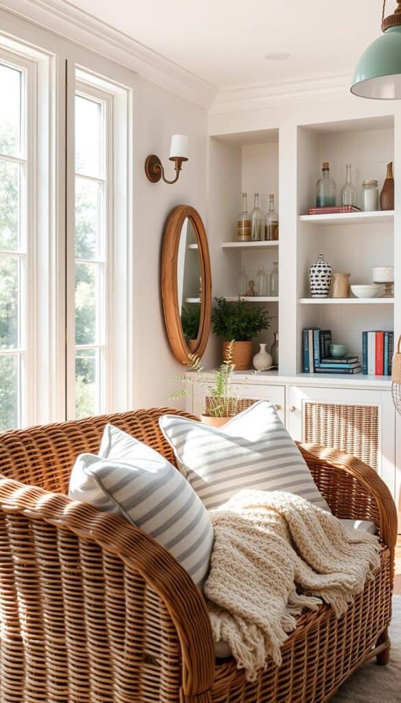 A bright, airy nautical sunroom filled with playful details. In the foreground, a wicker loveseat adorned with striped throw pillows and a cozy knit blanket, inviting relaxation. In the middle ground, a driftwood-framed mirror reflects the natural light streaming through the large windows, while a dainty potted fern adds a lush, organic touch. The background features a built-in bookshelf displaying decorative glass bottles, nautical-themed trinkets, and a collection of coastal-inspired novels. Soft, diffused lighting from sconces and a pendant fixture creates a warm, welcoming ambiance, perfectly capturing the summer-inspired, carefree mood of the space.