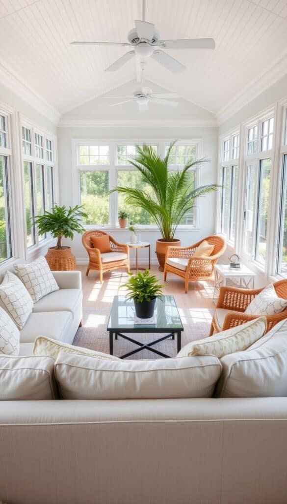 A bright, airy sunroom filled with versatile, modern furniture. In the foreground, a plush sectional sofa with inviting throw pillows and a chic coffee table adorned with plants. In the middle ground, elegant wicker chairs and a matching side table, creating a cozy conversation area. Large windows along the walls allow natural light to flood the space, imbuing it with a warm, summery ambiance. The background features a potted palm tree and a few decorative accents, further enhancing the tranquil, relaxing atmosphere. A seamless blend of comfort and style, this sunroom furniture arrangement epitomizes the ideal summer retreat.