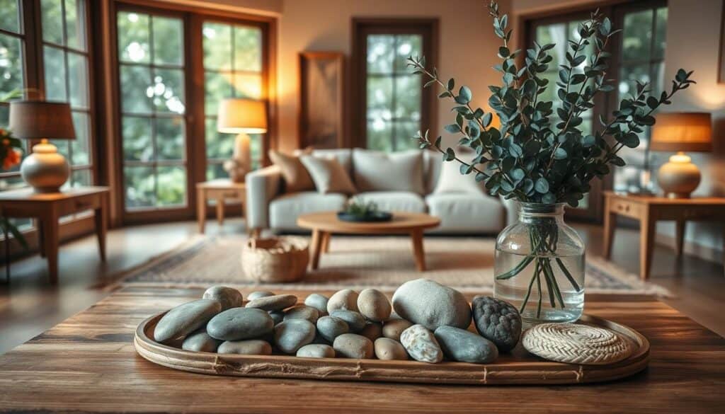 A cozy home interior featuring an artful arrangement of natural materials. In the foreground, a wooden coffee table showcases a collection of smooth river stones, woven baskets, and a decorative vase filled with fragrant eucalyptus. The middle ground highlights a plush, earthy-toned area rug, complemented by wooden side tables and a low-profile couch upholstered in linen. Warm, indirect lighting from floor lamps casts a soft, inviting glow, while the background reveals large windows framing a view of lush, verdant greenery outside, creating a serene, nature-inspired ambience.