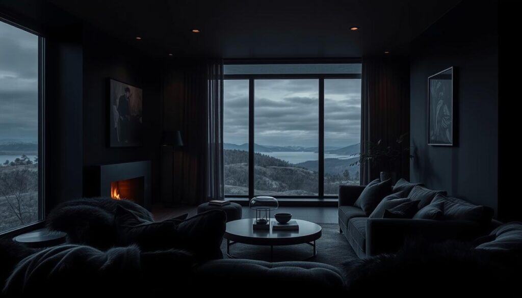 A cozy, intimate living room bathed in a moody, atmospheric palette of deep navy, charcoal, and hints of burnished gold. The space feels warm and enveloping, with dramatic shadows playing across the walls. Plush, velvety textiles in the foreground add a tactile, luxurious element, while the distant view through a large window hints at a brooding, twilight-tinged landscape beyond. The overall effect is one of refined, sophisticated drama - a harmonious marriage of bold color and restrained, minimalist design.