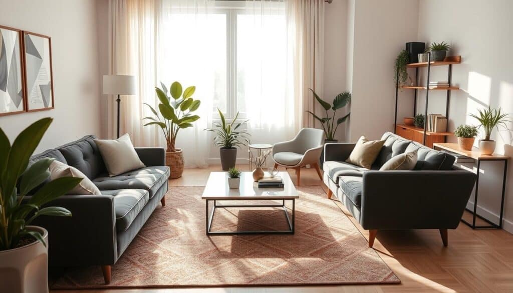 A cozy, sun-drenched living room with a harmonious color palette. In the foreground, a plush, jewel-toned velvet sofa sits atop a geometric patterned rug. Soft, natural light filters through sheer curtains, casting a warm glow on the space. The middle ground features a sleek, low-profile coffee table, complemented by a pair of mid-century inspired armchairs in muted tones. Potted plants and a few carefully curated decor pieces add pops of color and texture. The background showcases clean, white walls and minimalist shelving, creating a sense of balance and openness in the small space.