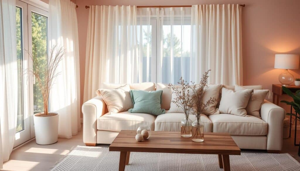 A cozy, sun-drenched living room with pastel-hued walls, soft furnishings, and gentle ambient lighting. Plush pillows in shades of lavender, mint, and pale peach adorn a plush beige sofa, creating a serene and inviting atmosphere. Delicate floral arrangements in vases on a minimalist wooden coffee table add a touch of natural elegance. Sheer curtains diffuse the warm, natural light, casting a soothing glow throughout the space. The overall effect is a tranquil, spacious-looking haven that exudes a sense of peaceful relaxation.
