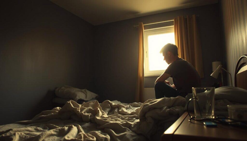 A dimly lit room, the walls painted a muted gray, a sense of heaviness permeating the air. In the foreground, a person sits on the edge of a bed, shoulders hunched, a dejected expression on their face. Tangled sheets and crumpled clothes suggest a struggle with self-care. The middle ground reveals a cluttered nightstand, with a forgotten glass of water and a tangle of wires. In the background, a window casts a soft, hazy glow, offering a glimmer of hope. Warm, golden light filters through, illuminating the room and suggesting the possibility of a brighter future, if only the barriers to self-care can be overcome.