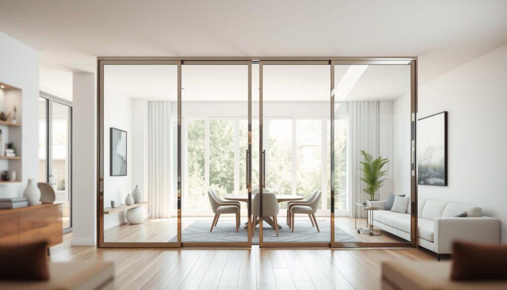 A sleek, modern sliding door room divider made of tempered glass panels, framed in polished stainless steel. The divider stands in the center of a bright, open-concept living room, illuminated by natural light from large windows. The glass panels allow for an airy, spacious feel, while still creating a visual separation between the living and dining areas. The divider's polished finish reflects the warm, neutral-toned décor, complementing the room's minimalist, contemporary style. A shallow depth of field highlights the divider's elegant, streamlined silhouette, with the background softly blurred to draw the eye to the focal point of the room.