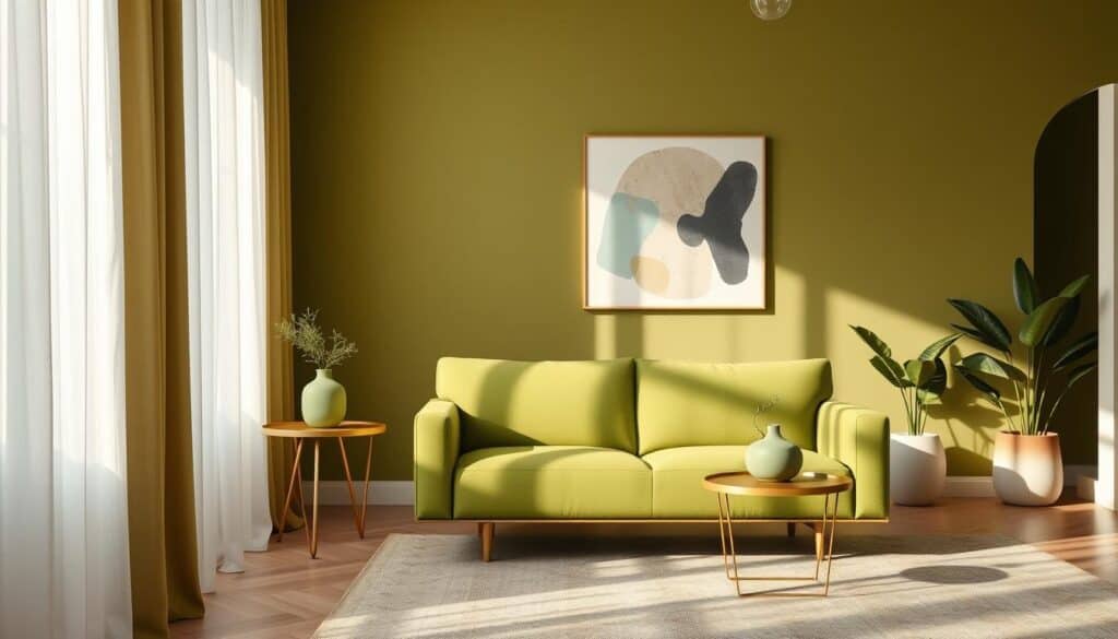 A softly lit, elegant interior scene showcasing the vibrant, earthy tones of olive green paint trends for 2023. In the foreground, a textured, matte olive-green wall anchors the composition, its rich hue complemented by natural light filtering through sheer curtains. In the middle ground, a sleek, minimalist sofa in a complementary shade of olive green invites relaxation, while a modern, geometric side table in brushed brass provides a stylish accent. The background features potted plants and abstract wall art, creating a serene, nature-inspired atmosphere that perfectly embodies the 2023 color palette.
