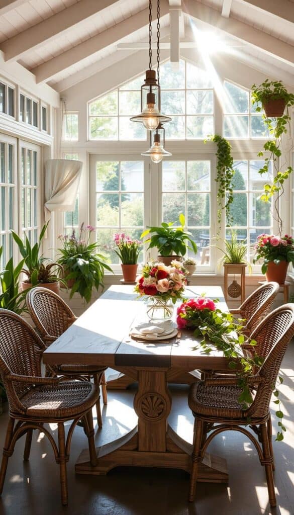 A sunlit sunroom with a rustic wooden dining table, adorned with lush greenery and fresh flowers. Sunbeams filter through large windows, casting a warm glow on the space. Woven rattan chairs surround the table, inviting guests to linger and savor a leisurely meal. Delicate pendant lights hang overhead, their soft illumination adding to the tranquil ambiance. Potted plants and trailing vines accentuate the natural, garden-inspired atmosphere. The overall scene exudes a sense of serene sophistication, perfect for a summer-inspired dining experience.