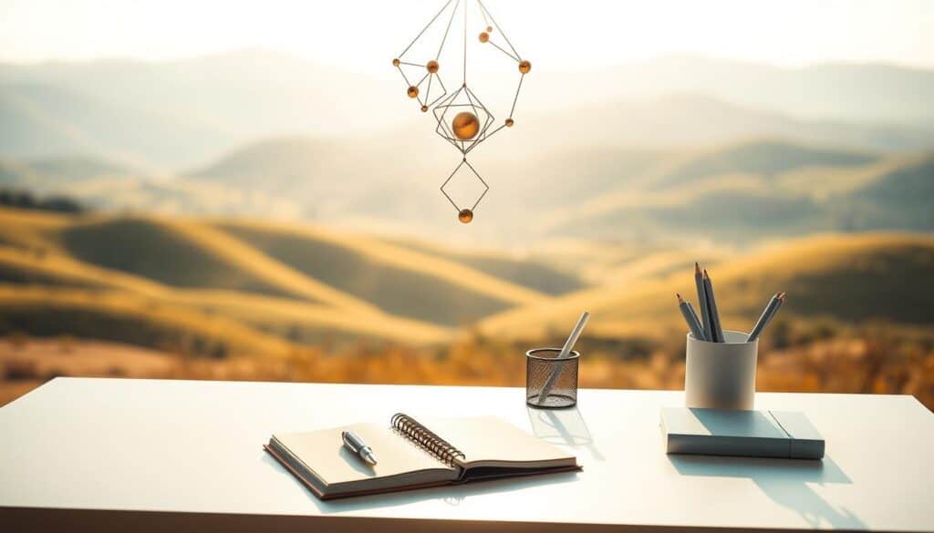 A vibrant, well-lit setting showcasing a goal-setting framework. In the foreground, a minimalist white desk with clean lines holds a journal, pen, and a modern desk organizer. Suspended above, a mobile-like structure of interconnected geometric shapes in metallic hues symbolizes the different steps or stages of the framework. The background is a serene, soft-focused landscape with rolling hills and a bright, natural sky, creating a sense of clarity and focus. Warm, directional lighting casts subtle shadows, lending depth and a sense of purpose to the scene. The overall atmosphere is one of intentionality, organization, and a path towards personal growth.