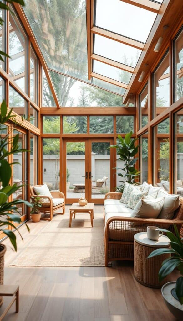 A well-designed sunroom with seamless indoor-outdoor flow. The space is filled with natural light, warm wood accents, and lush greenery. A large sliding glass door leads to a small patio or deck, blurring the boundaries between the indoors and outdoors. Neutral-toned furniture and soft textiles create a cozy, summer-inspired atmosphere. The scene is captured through a wide-angle lens, showcasing the harmonious integration of the sunroom and its surrounding landscape. The lighting is soft and diffused, highlighting the airy, open feel of the space.