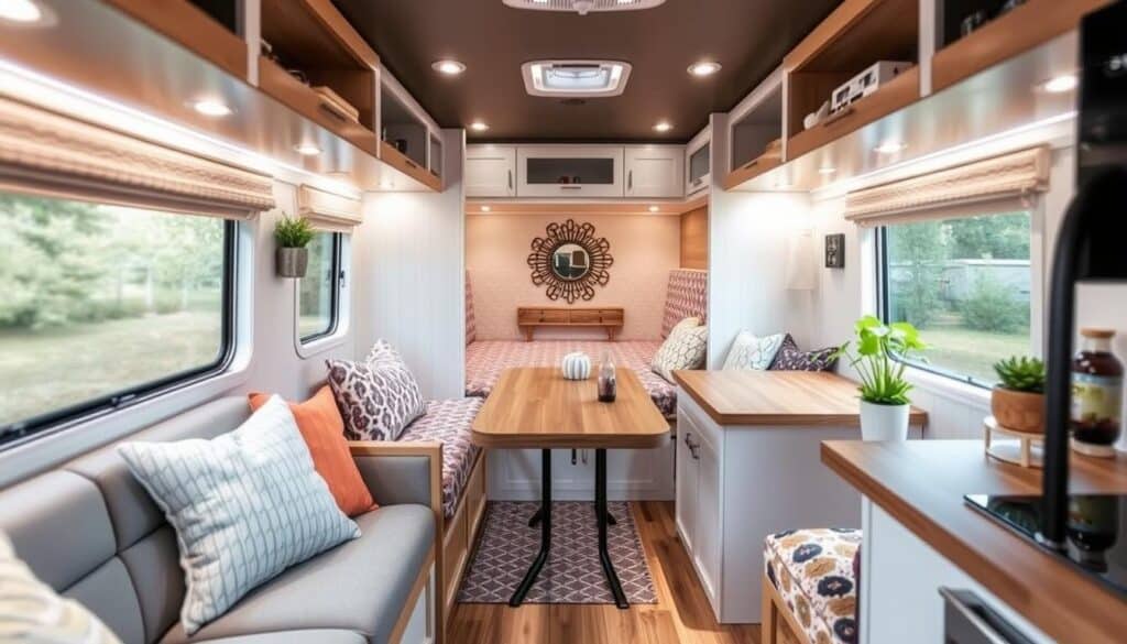 Beautifully styled camper interior showcasing multiple stylish upgrades