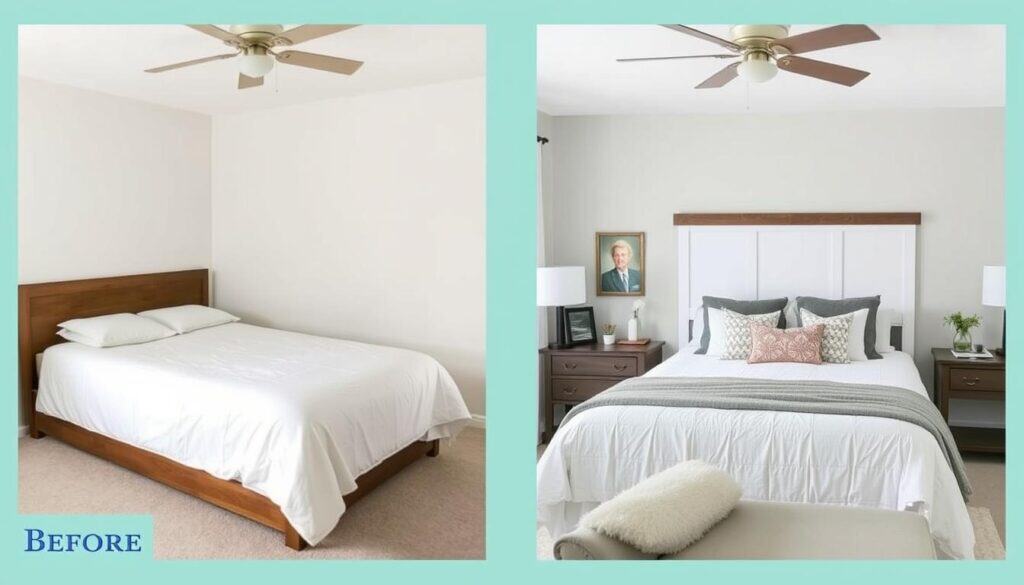 Before and after comparison of bedroom with new DIY farmhouse headboard
