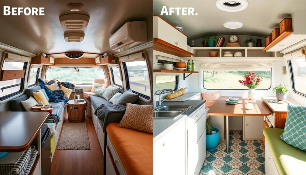 Before and after of a styled camper interior showing effective use of space