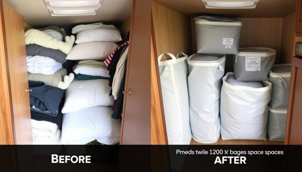 Before and after of using vacuum storage bags in a camper closet