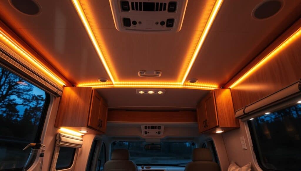 Camper interior with ambient LED strip lighting creating a cozy atmosphere