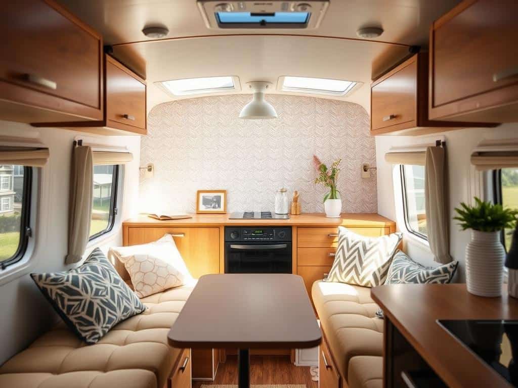 Camper interior with stylish peel-and-stick wallpaper accent wall