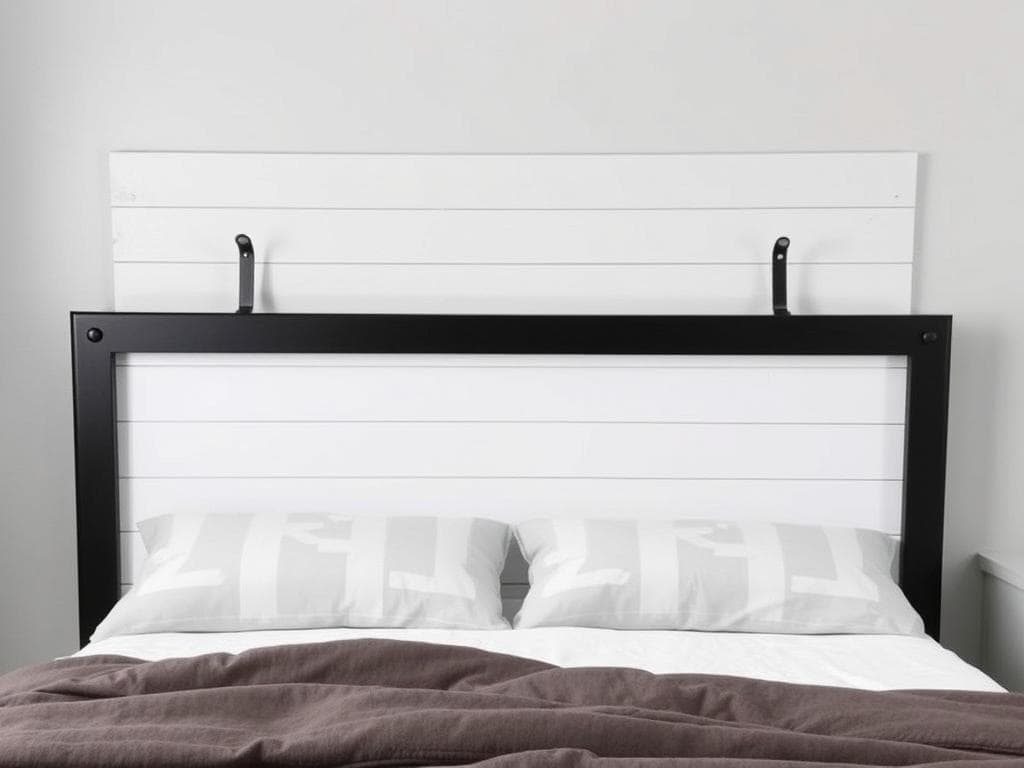 Classic white shiplap farmhouse headboard with black hardware