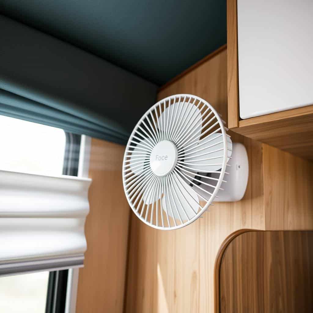 Compact USB-powered fan mounted in a stylish camper interior