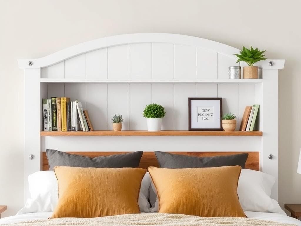 Farmhouse headboard with built-in shelving for books and decor