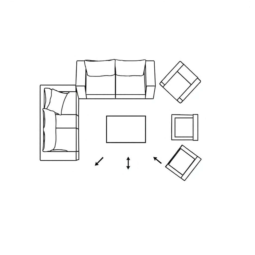 Floor plan diagram showing optimal furniture arrangement for a small living room
