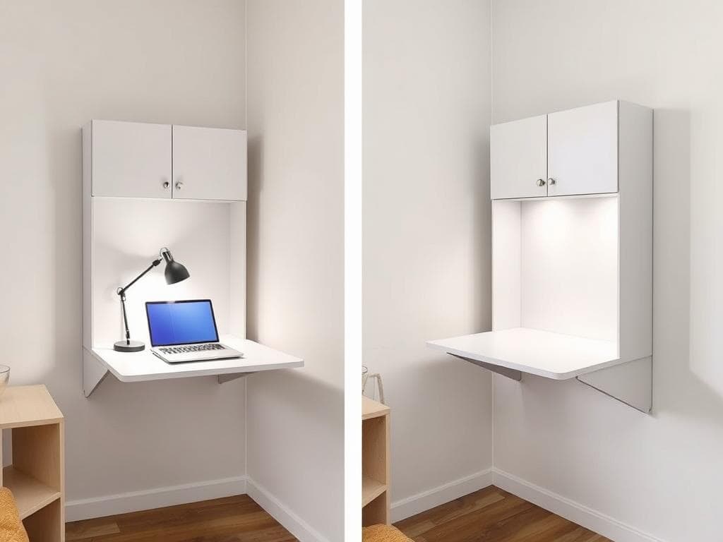 Fold-down wall desk in a studio apartment