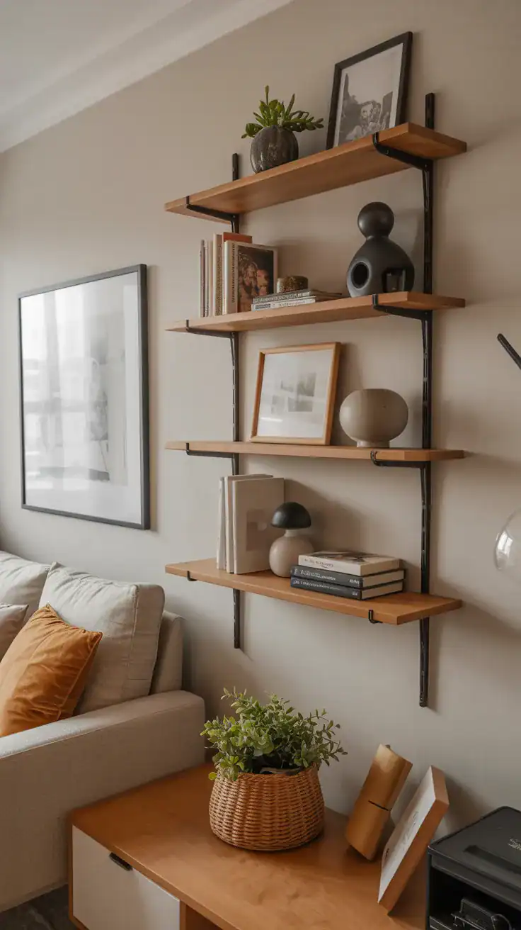 Wall mounted shelves with decor in a small apartment