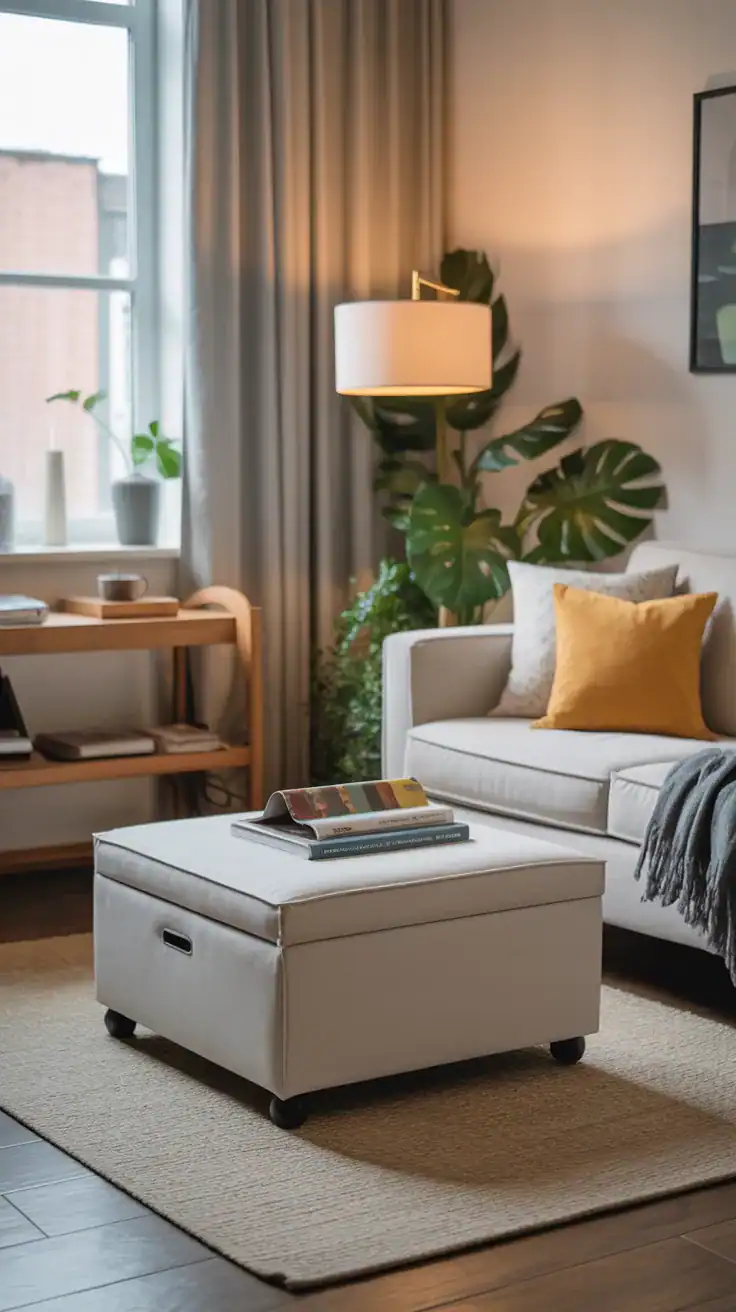 Storage ottoman used as coffee table in small apartment