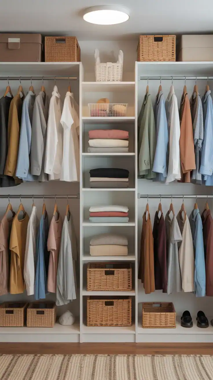 Closet with double rails and vertical organisation