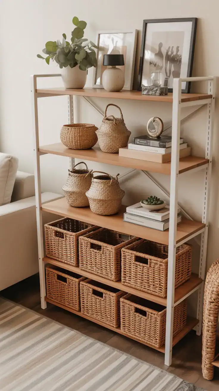 Woven baskets styled on shelves in living room