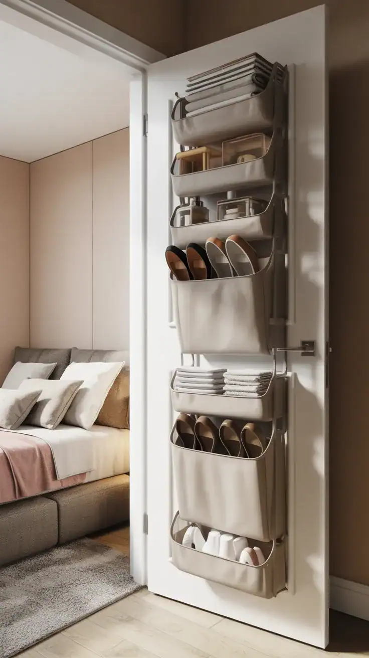 Over the door storage organiser with neatly arranged shoes and accessories in a small apartment bedroom, space saving vertical storage solution