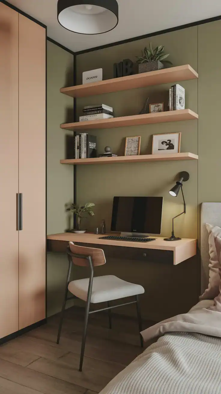 Floating wall mounted desk in a small bedroom corner with minimal decor and chair, creating a compact workspace without clutter