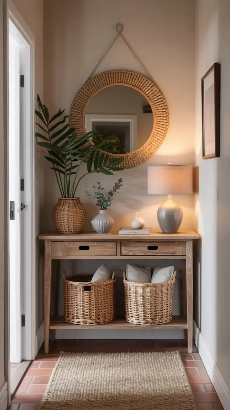 Slim console table styled in a narrow hallway with minimal decor and baskets underneath, ideal for small space storage and organisation