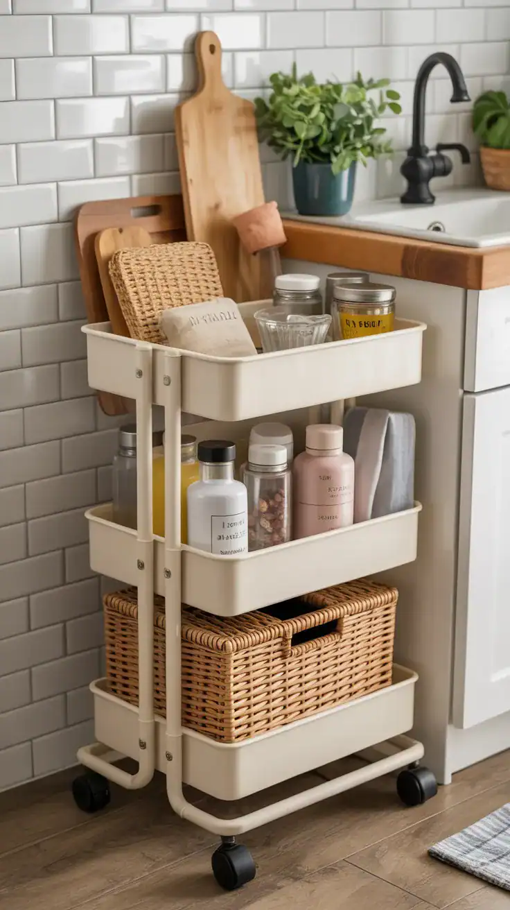 Rolling storage cart in a small kitchen or bathroom neatly organised with essentials, flexible storage solution for compact spaces