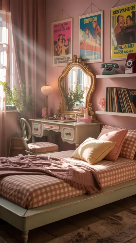 A chic vintage teen girl bedroom featuring a gold-framed mirror, colorful posters, checkered bedding, and playful decor.