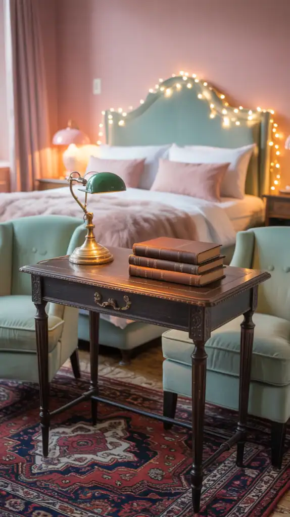A cozy teen girl bedroom featuring a pastel color palette with pink walls, cream bedding, and mint green furniture.