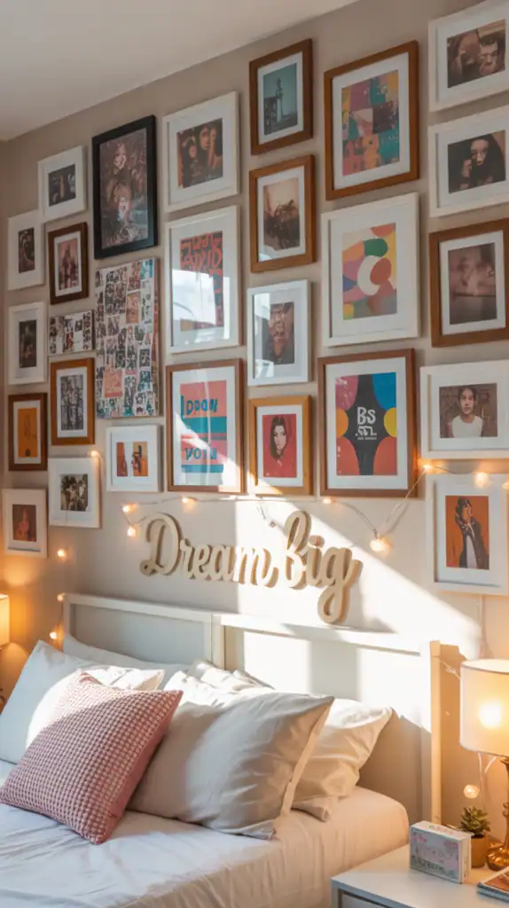 A colorful gallery wall filled with framed photos and art in a teen girl's bedroom.