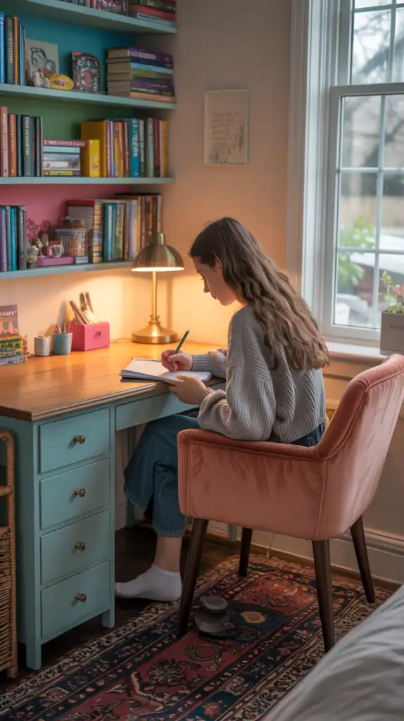 A cozy study nook with a wooden desk, colorful bookshelves, a stylish lamp, and a comfortable chair in a bright room.