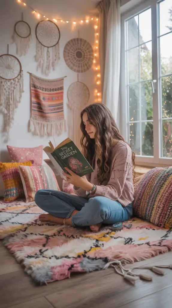 A cozy bohemian style bedroom featuring colorful bedding, pillows, and dreamcatchers on the wall.