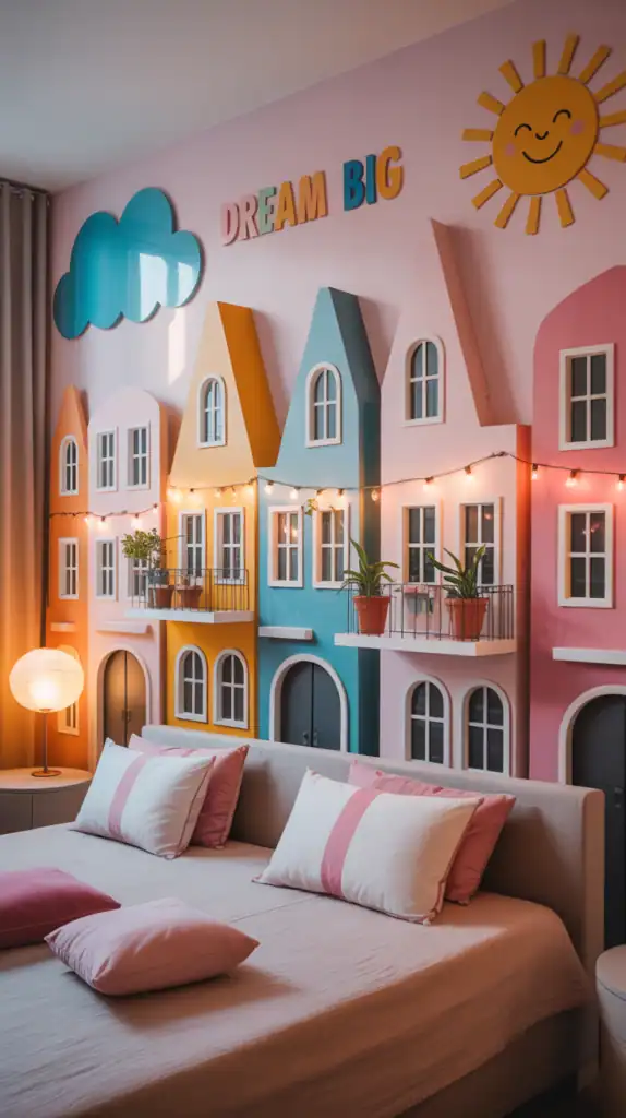 Colorful wall mural in a teen girl's bedroom featuring bright buildings and playful elements.