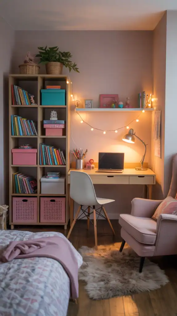 A cozy bedroom setup with a storage unit, desk, and decorative elements showcasing functional storage solutions.