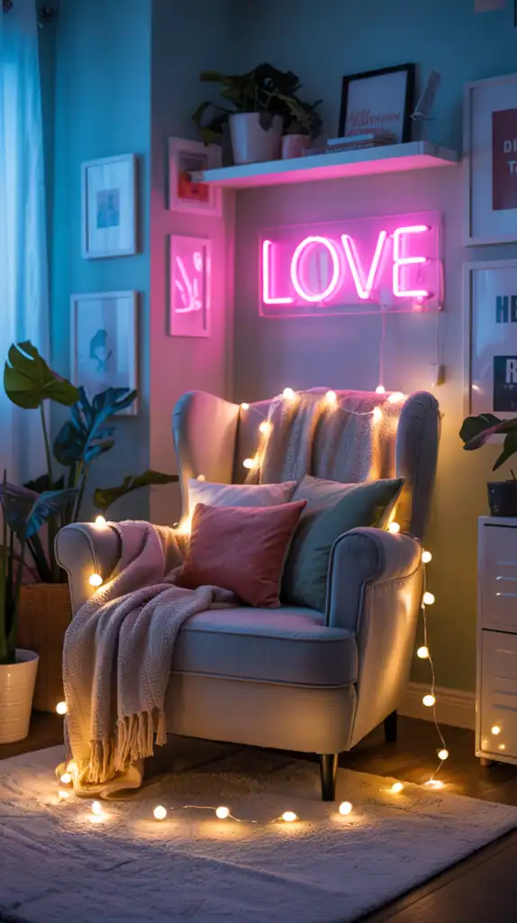 A cozy bedroom with a wall decoration that says 'love' in bright lights, giving a warm and inviting feel.