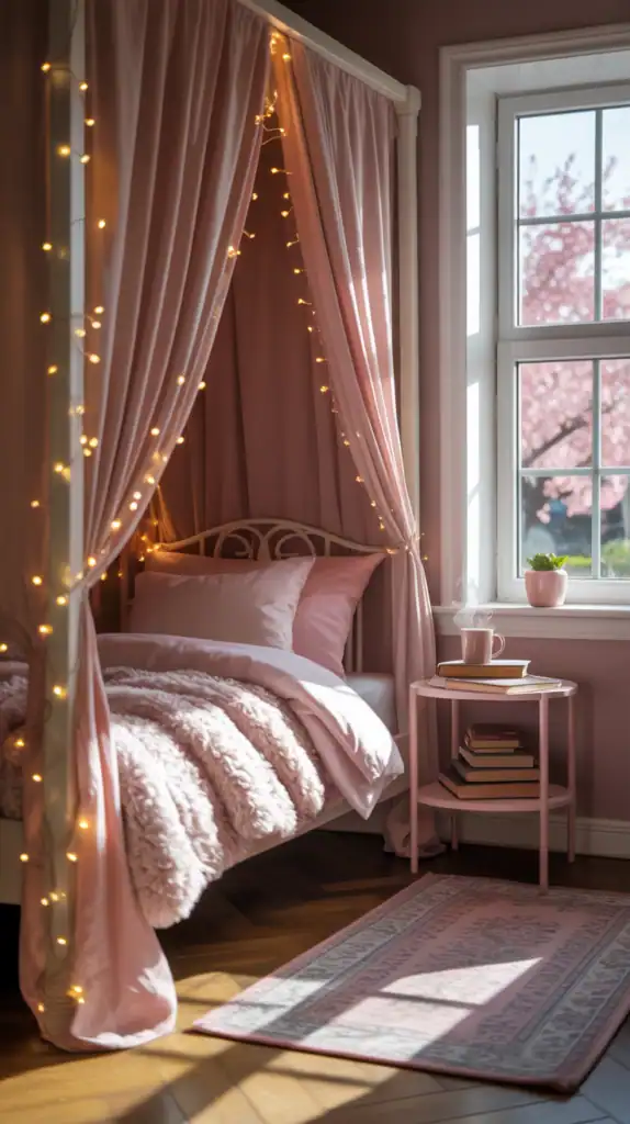 A cozy teen bedroom A cozy canopy bed with pink drapes and fairy lights, creating a dreamy bedroom atmosphere.