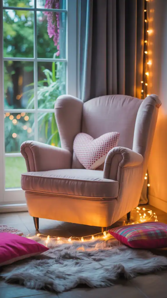 A cozy teen bedroom A Cozy armchair with a heart-patterned pillow in a trendy teen bedroom