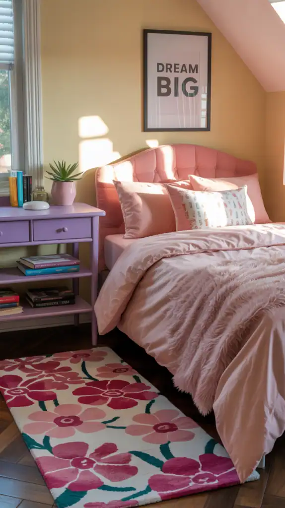 A cozy bedroom featuring a pink bed, a purple desk, and a colorful pink floral rug.
