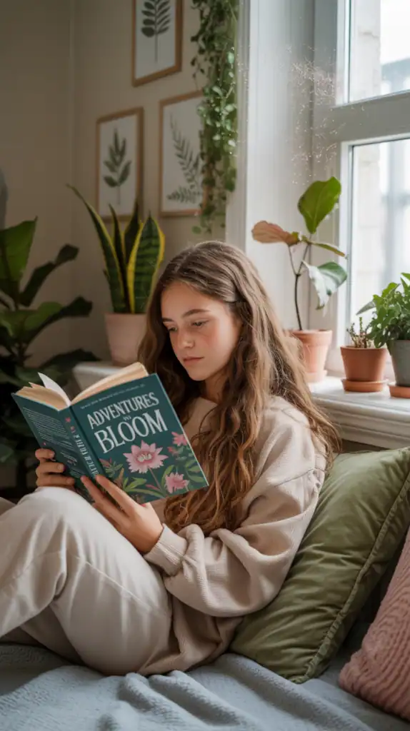 A cozy teen girl's bedroom featuring nature-inspired decor with plants, botanical prints, and earthy tones.