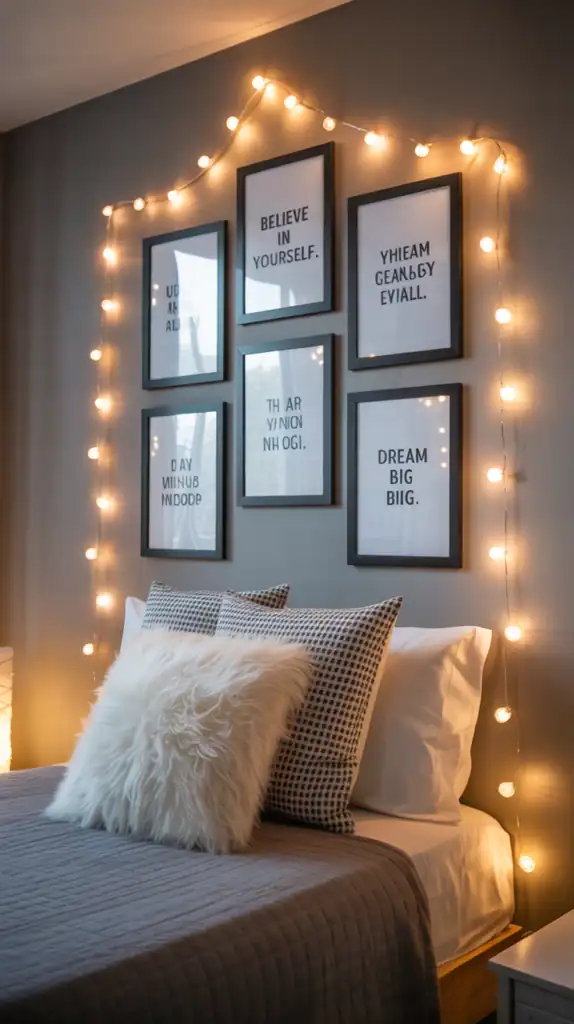 An inspiring quote wall with framed quotes and a cozy teen bedroom with a pillow.
