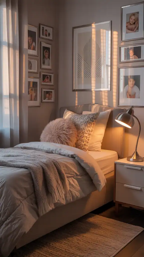 Cozy bedroom with metallic accents including a lamp and picture frames.