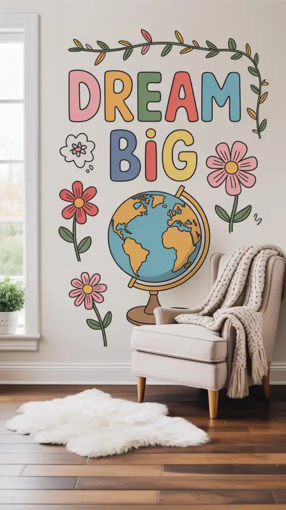 A cozy bedroom with interactive wall decals featuring letters, flowers, and a globe on a white wall.