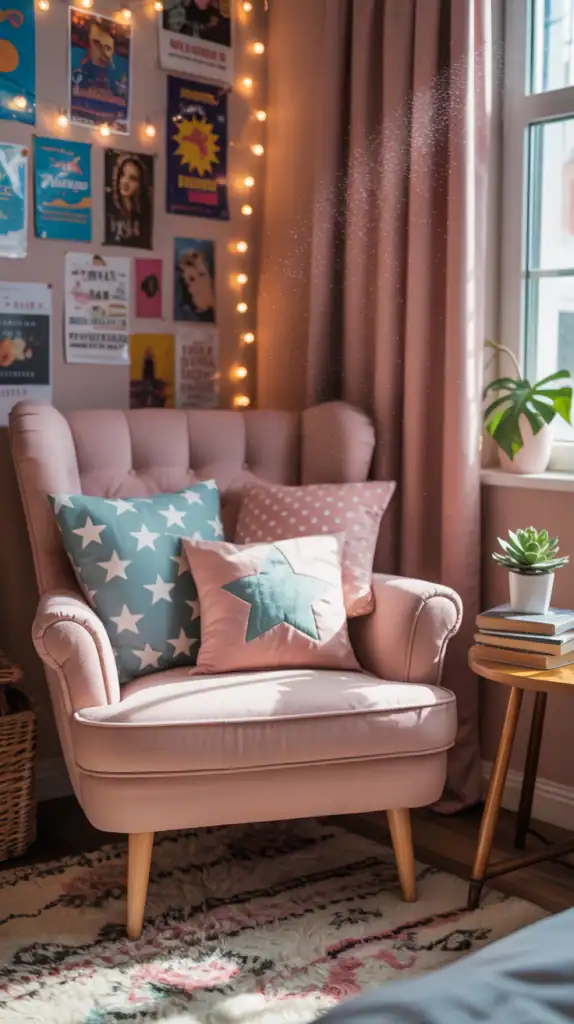 A cozy teen girl bedroom corner featuring colorful wall art, a pink chair, and creative decor elements.